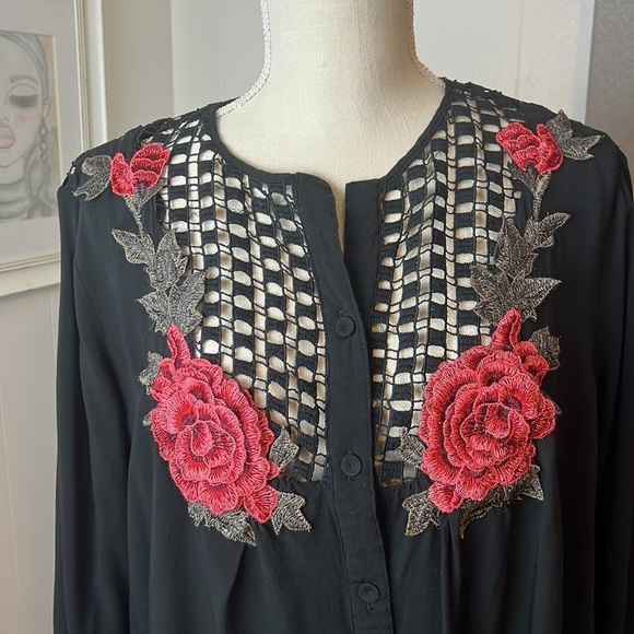 JJ Fairyland Black Peasant Blouse Size Large - Picture 1 of 16